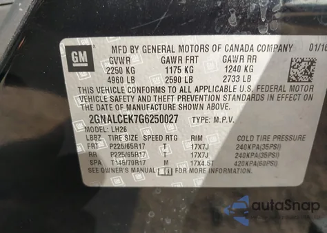 2016 Chevrolet Equinox Lt из США, поврежденный, VIN 2GNALCEK7G6250027